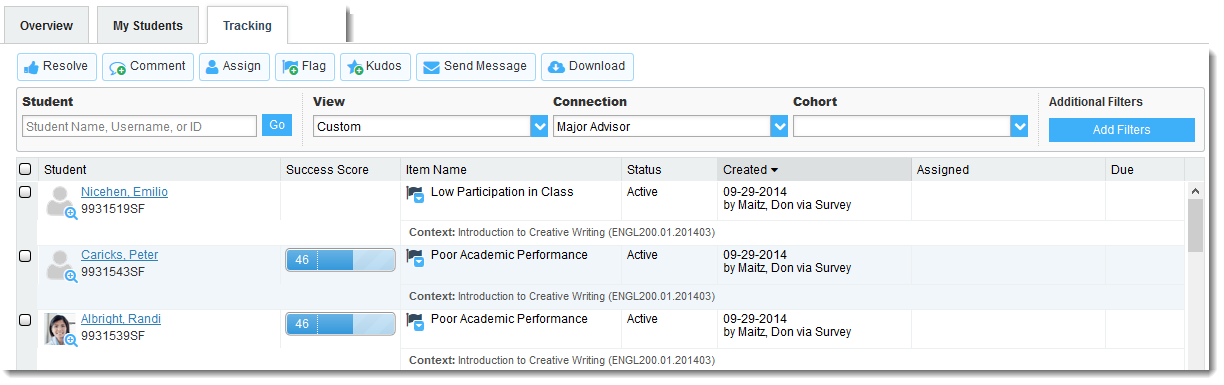 Students screen, tracking tab selected