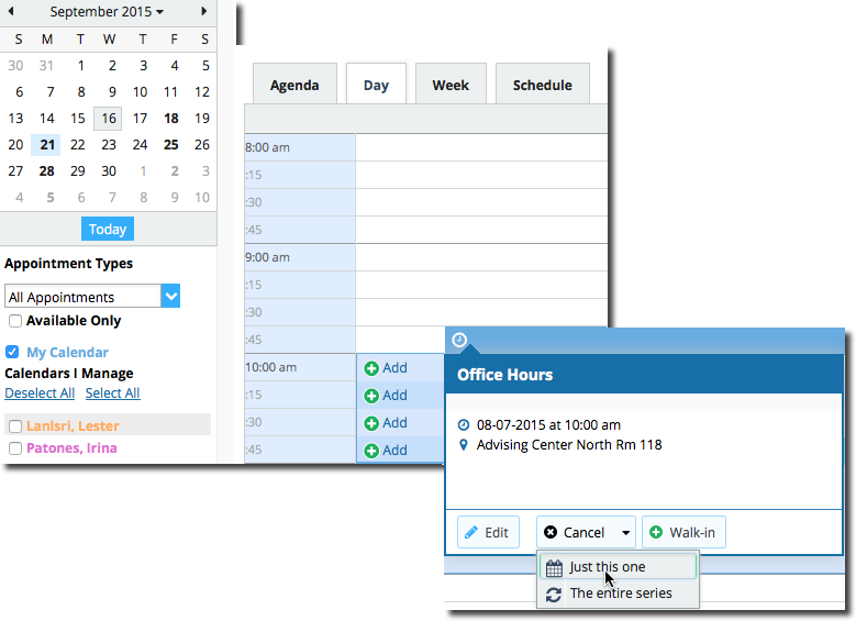 Screenshots of Office Hours popup in calendar view with cancel menu selected